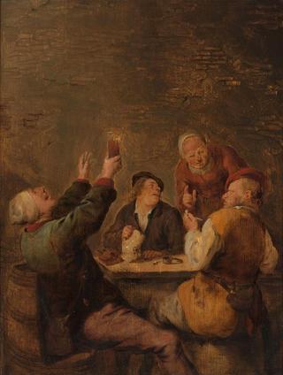 Merry company, three men at a table and a woman standing