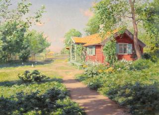 Sunny summer landscape with red cottage