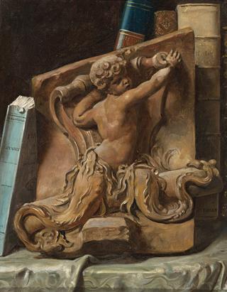 Trompe l'oeil with terracotta relief and books