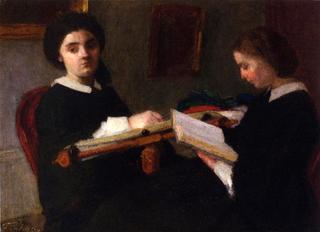 两个年轻女子，刺绣和阅读