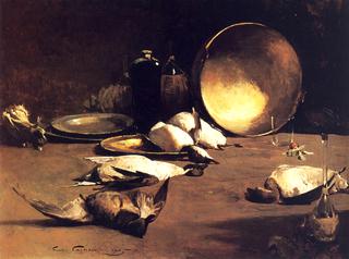 静物，黄铜碗，鸭子和瓶子