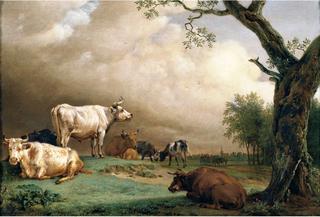 Cattle in a Field, with Travellers in a Wagon on a Track Beyond and a Church