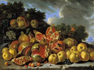 Still Life with Pomegranates, Apples, Cherries and Grapes in a Landscape