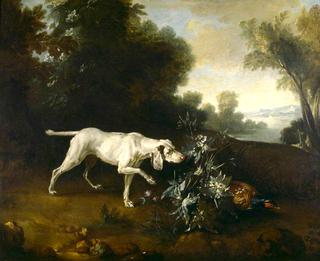 A Dog Pointing a Pheasant in a Landscape
