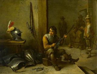 Soldier Cleaning a Flintlock in a Guardroom with Soldiers Beyond