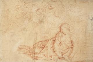 Garlanded Reclining Woman Surrounded by Figure Studies in Outline
