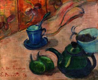茶壶、杯子和水果的静物画
