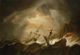 两艘英国船只在岩石海岸的风暴中失事