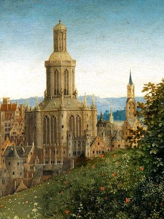 The Ghent Altarpiece: Adoration of the Mystic Lamb, detail of church in the background