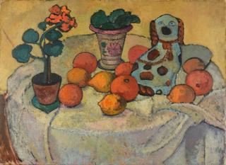 Still life with oranges and stoneware dog