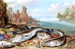 A Harbor Scene, with Fish, Crustaceans, Shells, Tortoises and Turtles on a Beach, Fishermen beyond