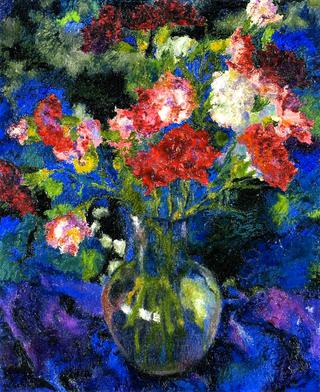 Carnations in a Round Glass Fase in front of a Blue Background