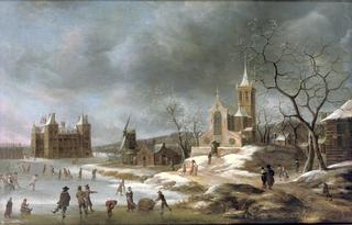 A winter landscape with activities on the ice near Castle Buren