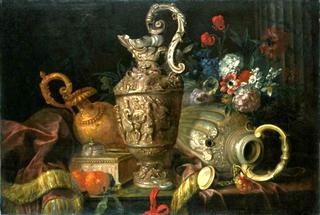 Still life with pitchers and flowers