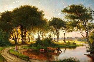 Danish summer landscape with two girls watering the cows in a stream