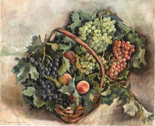 Basket with grapes and peaches