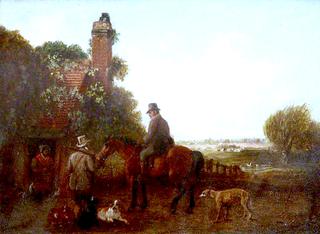 两个运动员在小屋外面，一个骑着马，带着狗