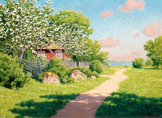 Summer landscape with blooming fruit trees