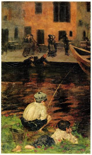 Canal Naviglio with Two Fishing Boys
