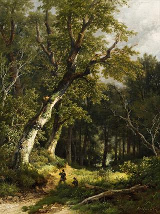 Wooded landscape with two hunters