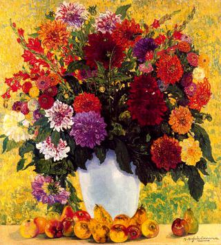 Flowers and fruits. White Vase