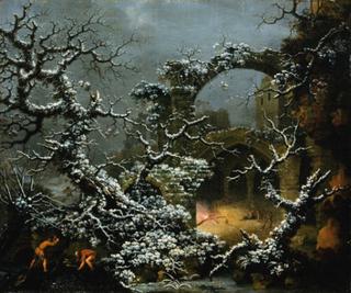 A Snowy Winter Landscape with Woodcutters and Figures Before a Bonfire in a Gothic Ruin