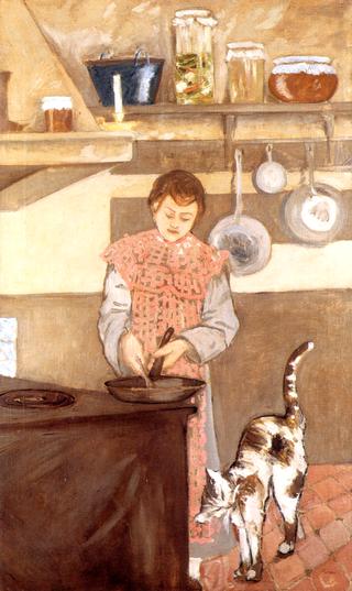 Young Woman in the Kitchen with a Cat
