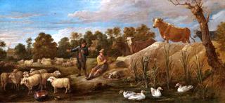 有两个牧羊人，牛和鸭的风景