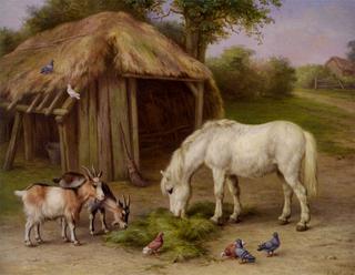 Pony and Goats in a Farmyard