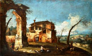 Capriccio View with Ruins of an Arch and Farmhouses