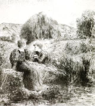 Young Man Reclining by a Young Woman by a Pond