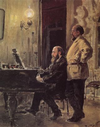 S、 I.马蒙托夫和P.A.斯皮罗在钢琴前