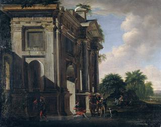 Capriccio of a triumphal arch and soldiers