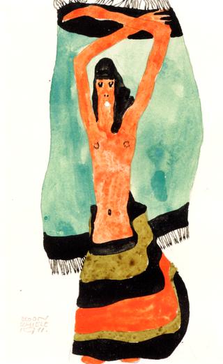 Half Nude with Arms Raised, in a Striped Skirt and Green and Black Cape
