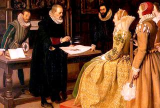 威廉·吉尔伯特在1598年伊丽莎白一世面前展示磁铁
