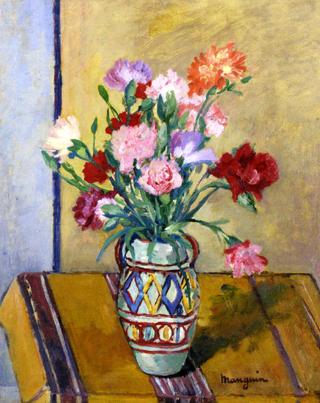 Vase of Carnations with a Yellow Tablecloth