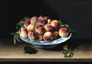Peaches in a Blue and White Ming Porcelain Bowl on a Table