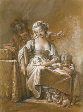 A Young Woman Asleep in a Chair Accompanied by a Small Child and a Cat