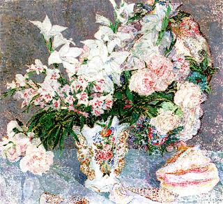 White Flowers in a Rockery Vase and Shells