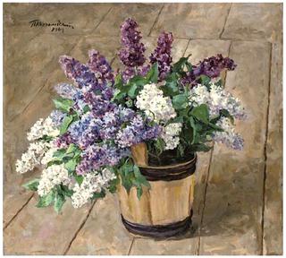 Lilacs in a bucket on the floor