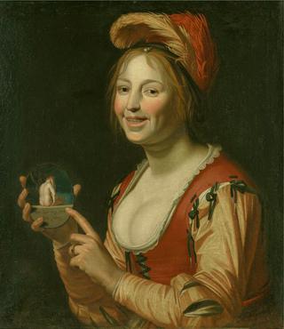 Laughing Girl Showing a Small Picture of a Nude Woman Seen from Behind