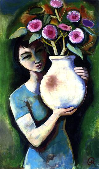 Girl Holding a Vase of Flowers