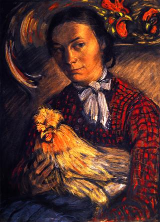 坐着的农夫的妻子膝上抱着一只鸡