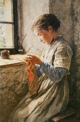 Girl Knitting by a Window