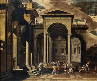 A capriccio of the exterior of an elaborate palace with Saint Peter healing the lame