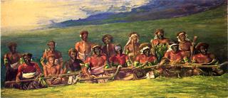 斐济群岛，身着战袍的酋长们在舞会后就座