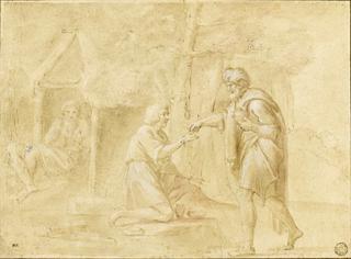 Old Man Asking Alms to a Young Man, with another Old Man Reading