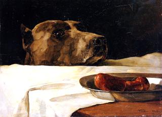 Dog with Plate of Sausages