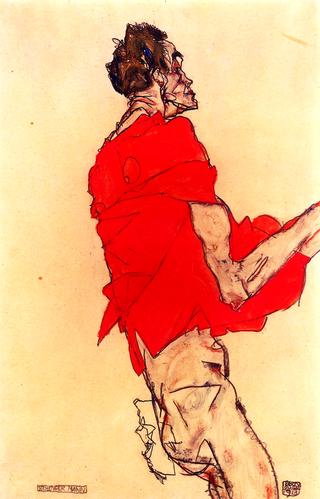 Standing Man Draped in Red Shawl