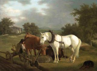 A rural landscape with a ploughman resting with his grey horse, cattle and dog